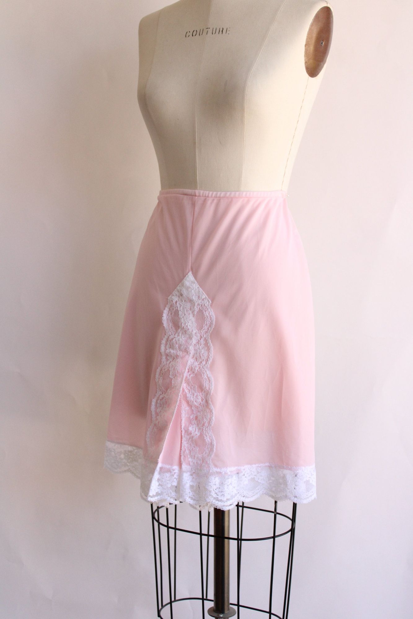 Vintage 1960s 1970s Pink Nylon Panty Slip with Lace Trim