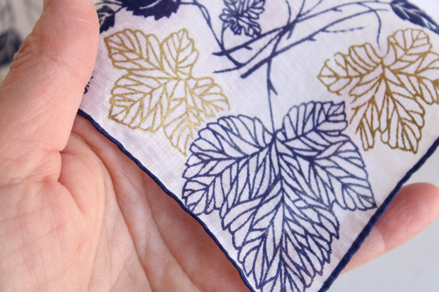 Vintage  Navy Blue and Gold Leaf Pattern Handkerchief