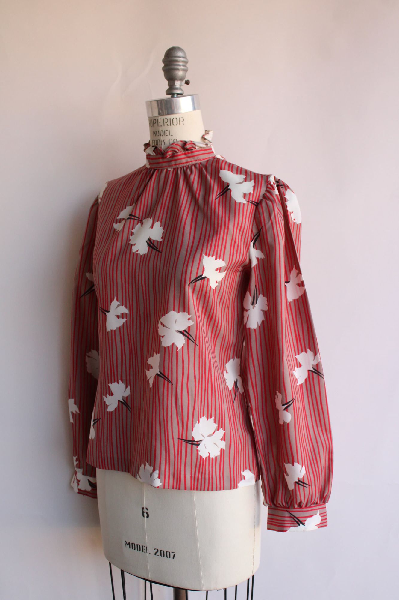 Vintage 1980s Red and White Floral Print and Striped Blouse