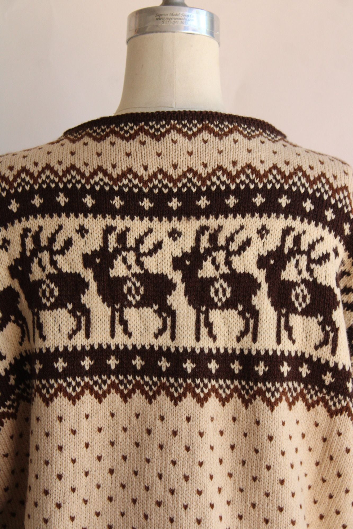 Vintage 1970s Lulle Otterstad Nordic Reindeer Pattern Brown and Cream Wool Sweater