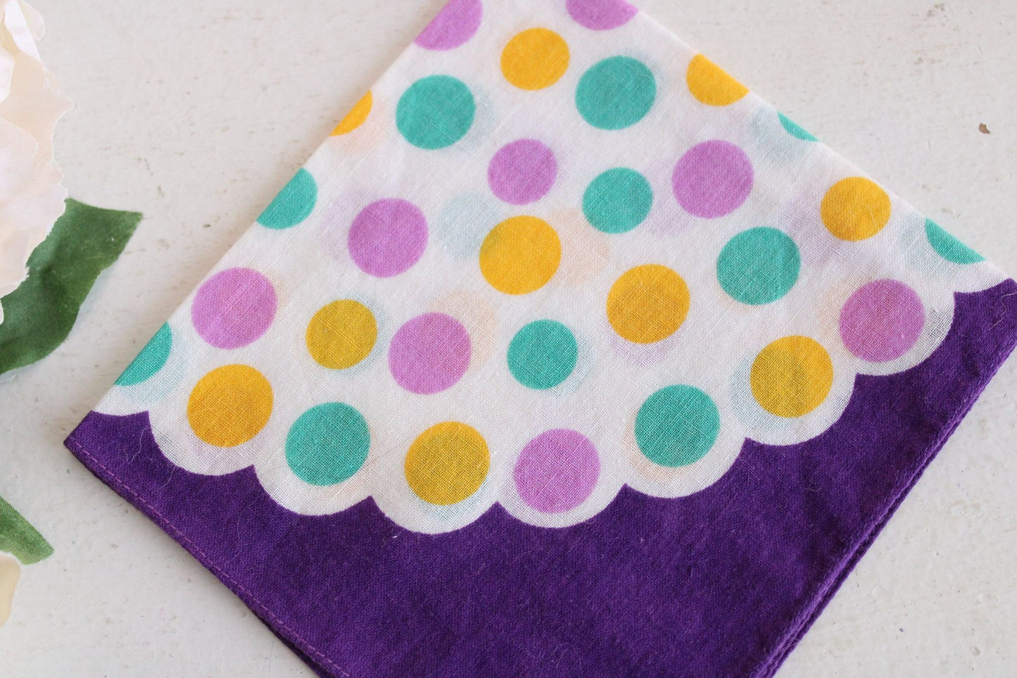Vintage Cotton Purple, Teal and Yellow Polka Dots Hanky