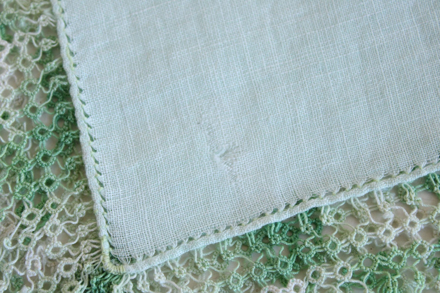 Vintage 1960s Handkerchief, Green Linen With  Crochet Trim Hankie