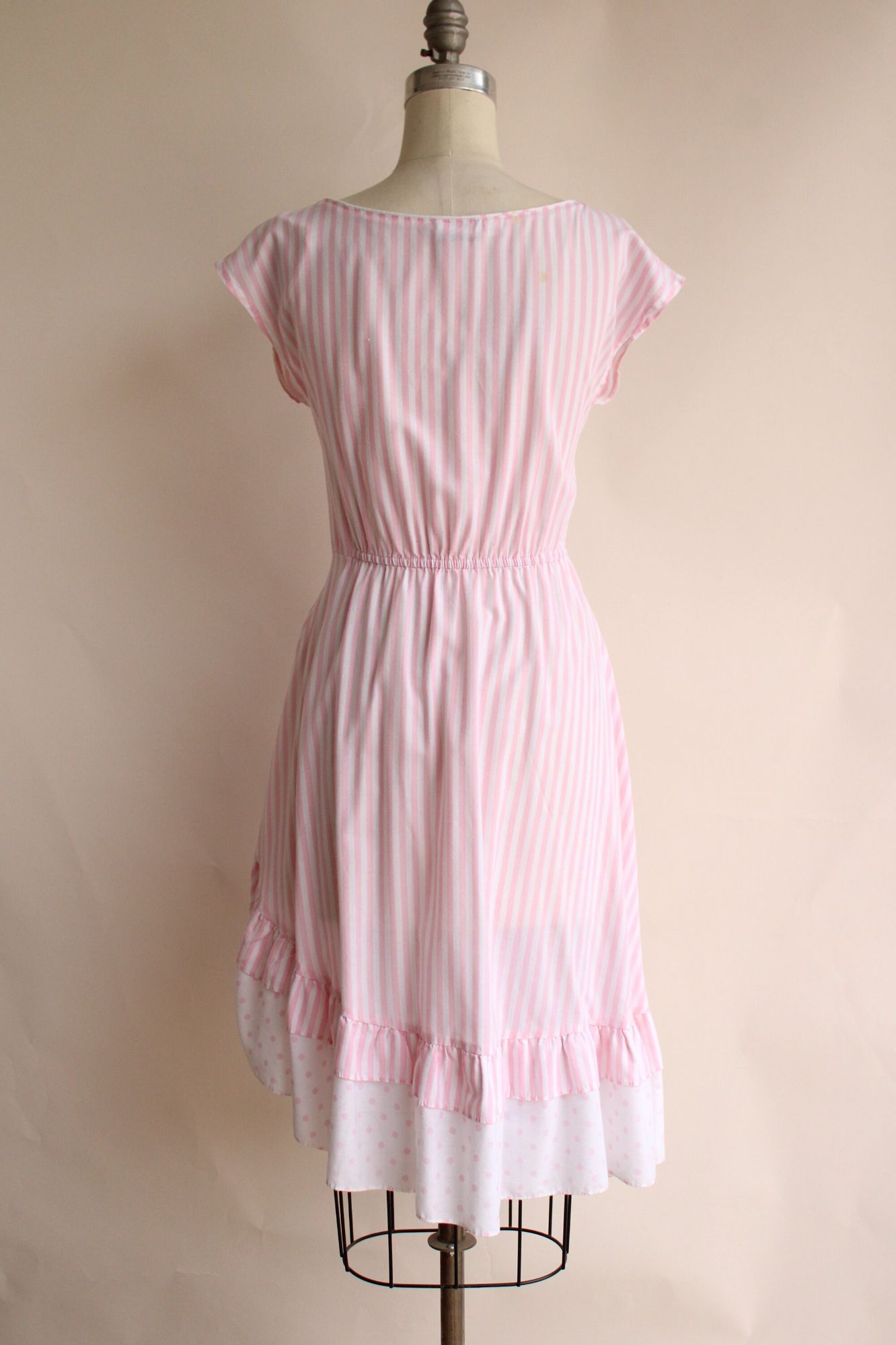 Vintage 1980's Joni Blair Pink with White Stripes and Polka Dots Dress