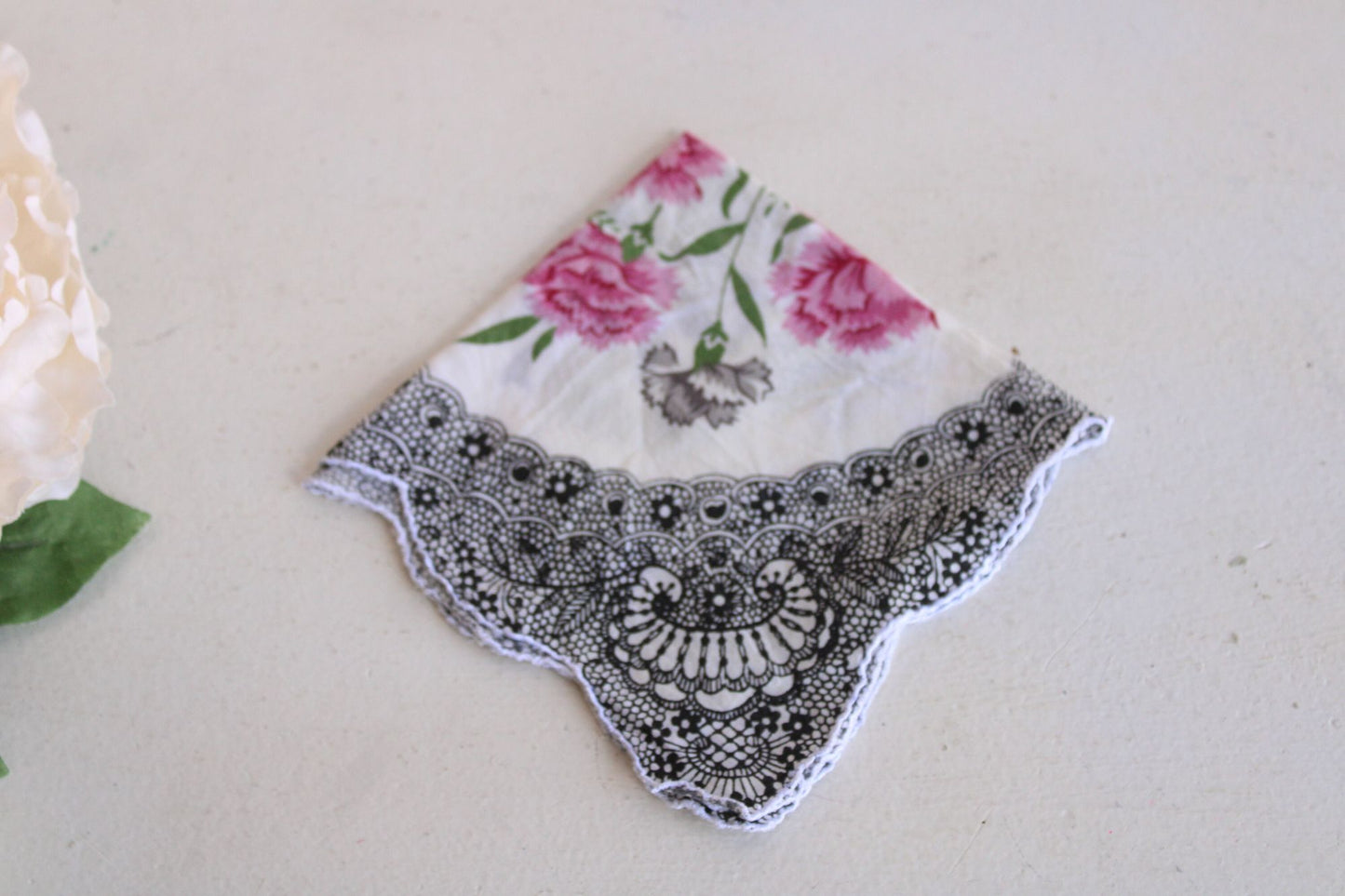 Vintage Black And White Hankie With Carnation and Filigree Pattern