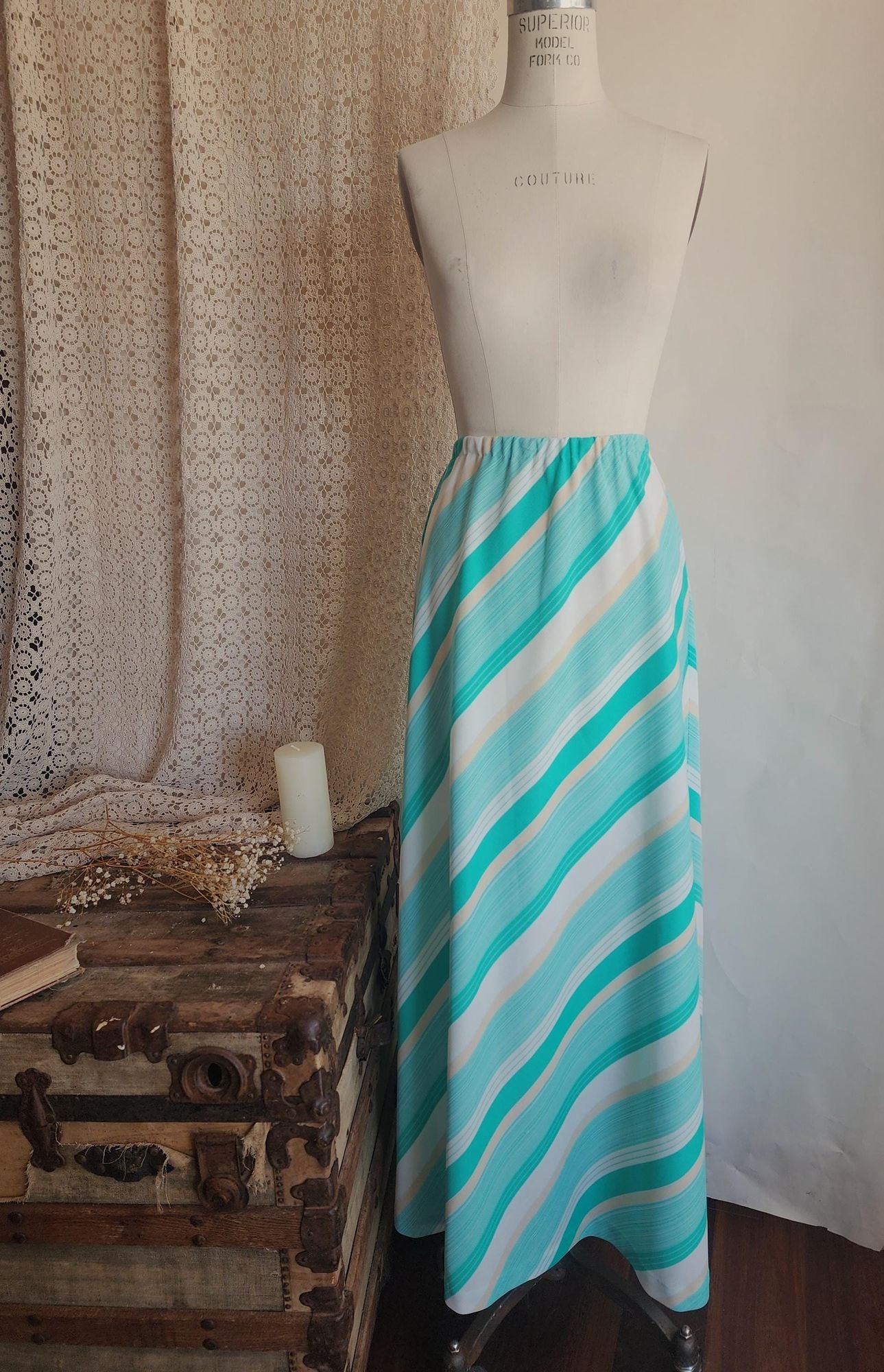 Vintage 1960s 1970s Ted Martin Mint Green and White Striped Maxi Skirt