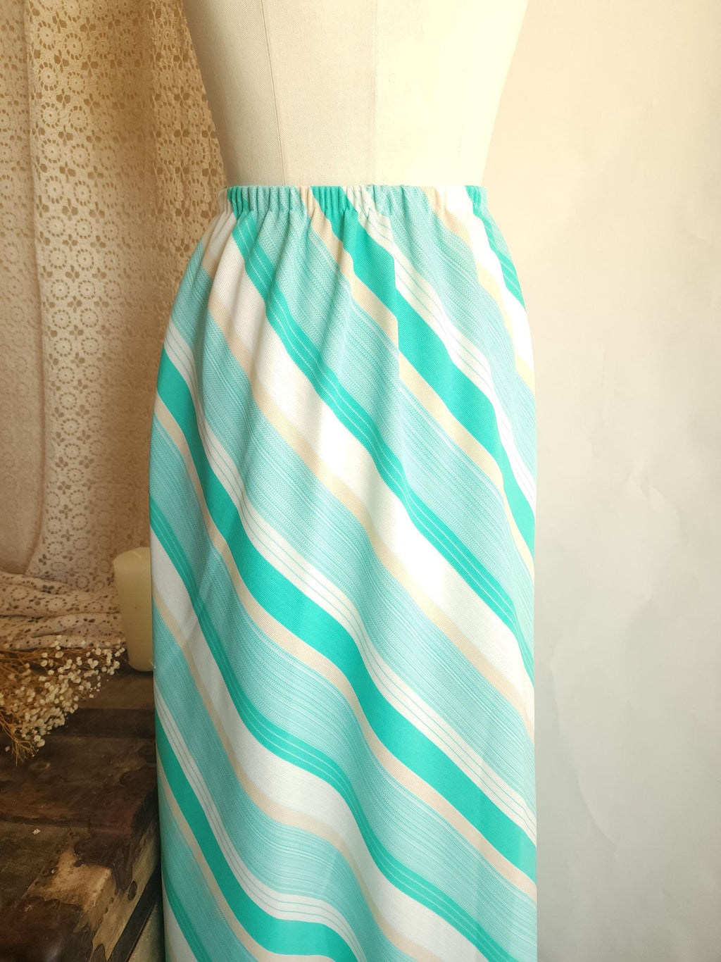 Vintage 1960s 1970s Ted Martin Mint Green and White Striped Maxi Skirt