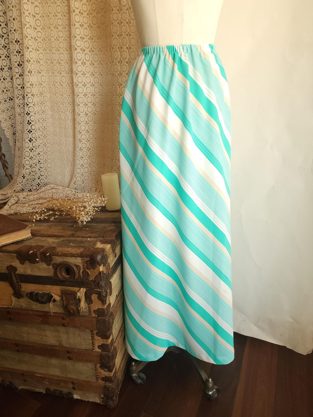 Vintage 1960s 1970s Ted Martin Mint Green and White Striped Maxi Skirt
