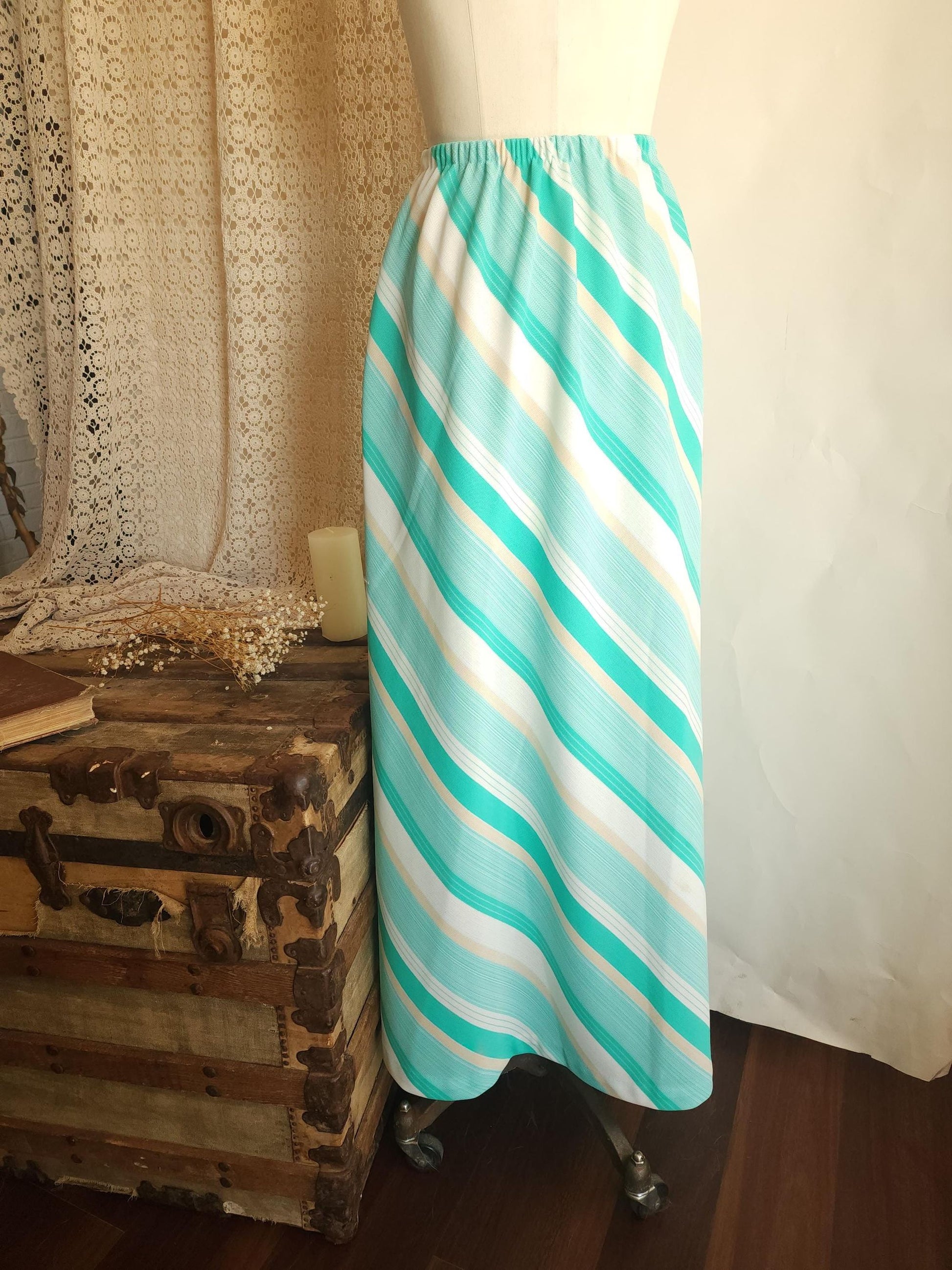 Vintage 1960s 1970s Ted Martin Mint Green and White Striped Maxi Skirt