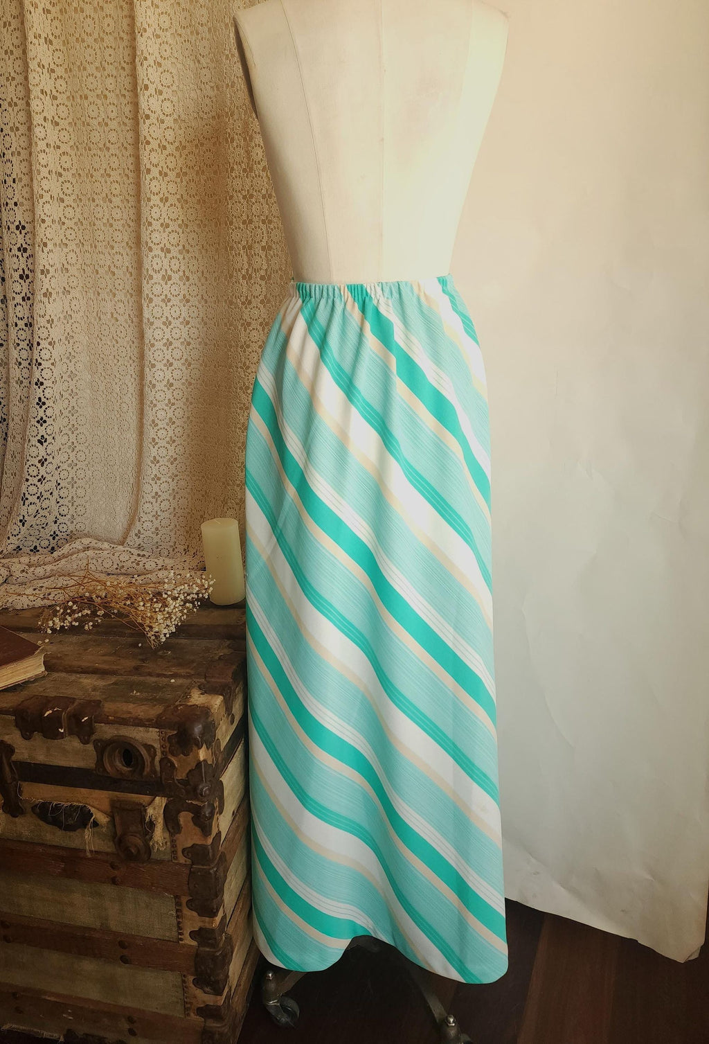 Vintage 1960s 1970s Ted Martin Mint Green and White Striped Maxi Skirt