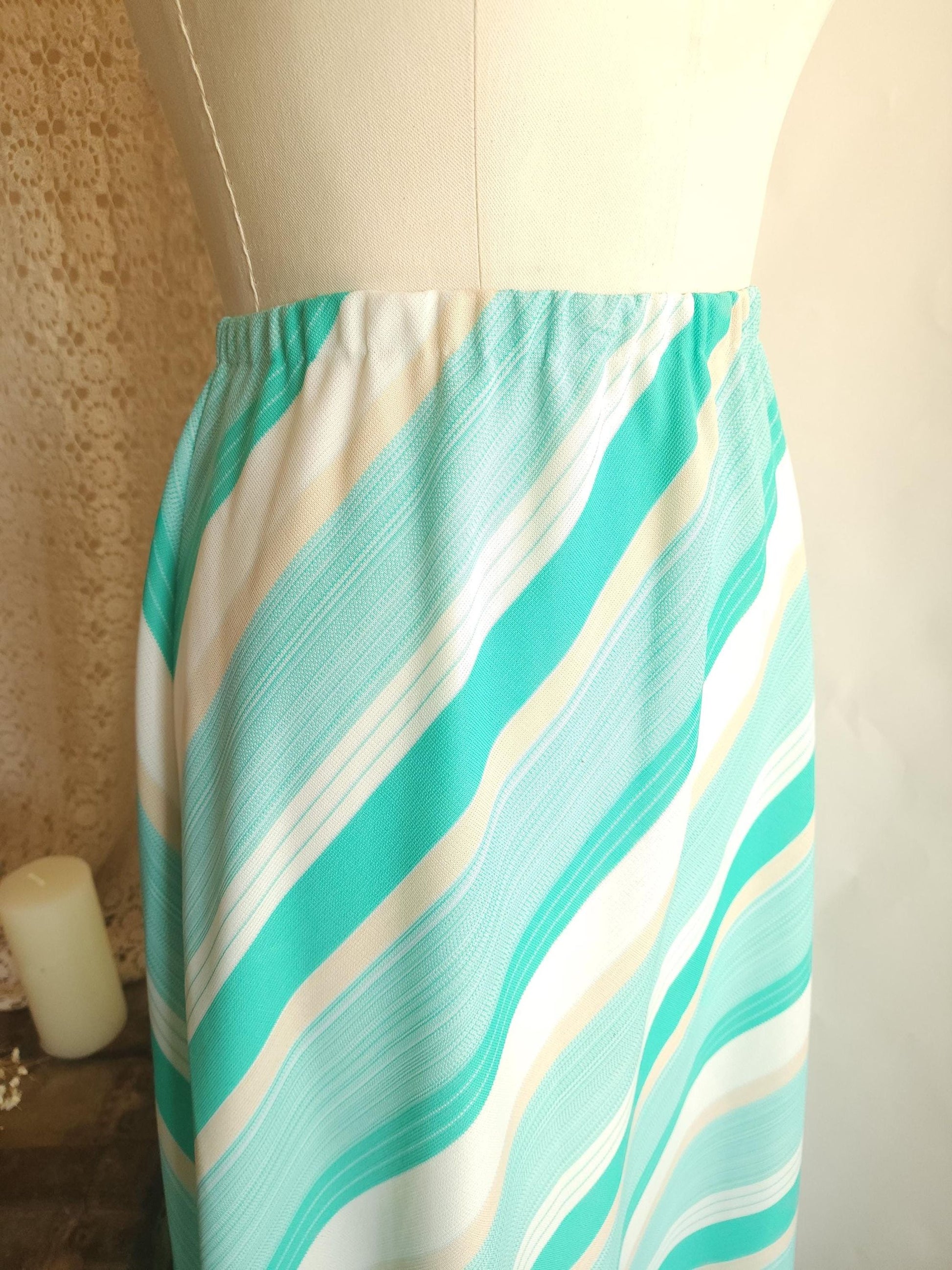 Vintage 1960s 1970s Ted Martin Mint Green and White Striped Maxi Skirt