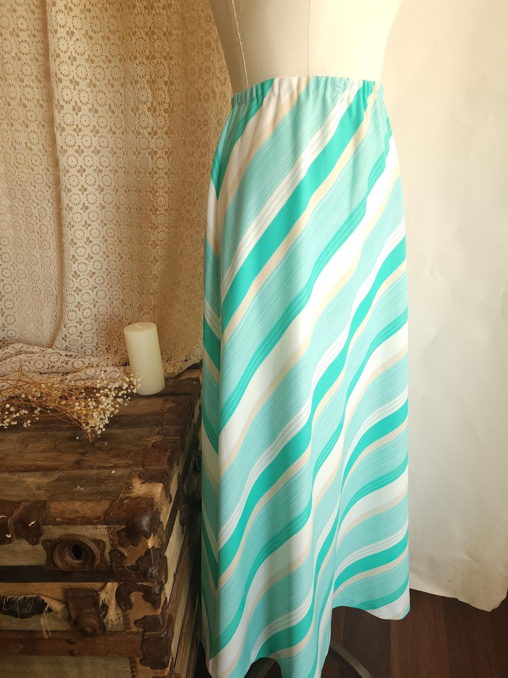 Vintage 1960s 1970s Ted Martin Mint Green and White Striped Maxi Skirt