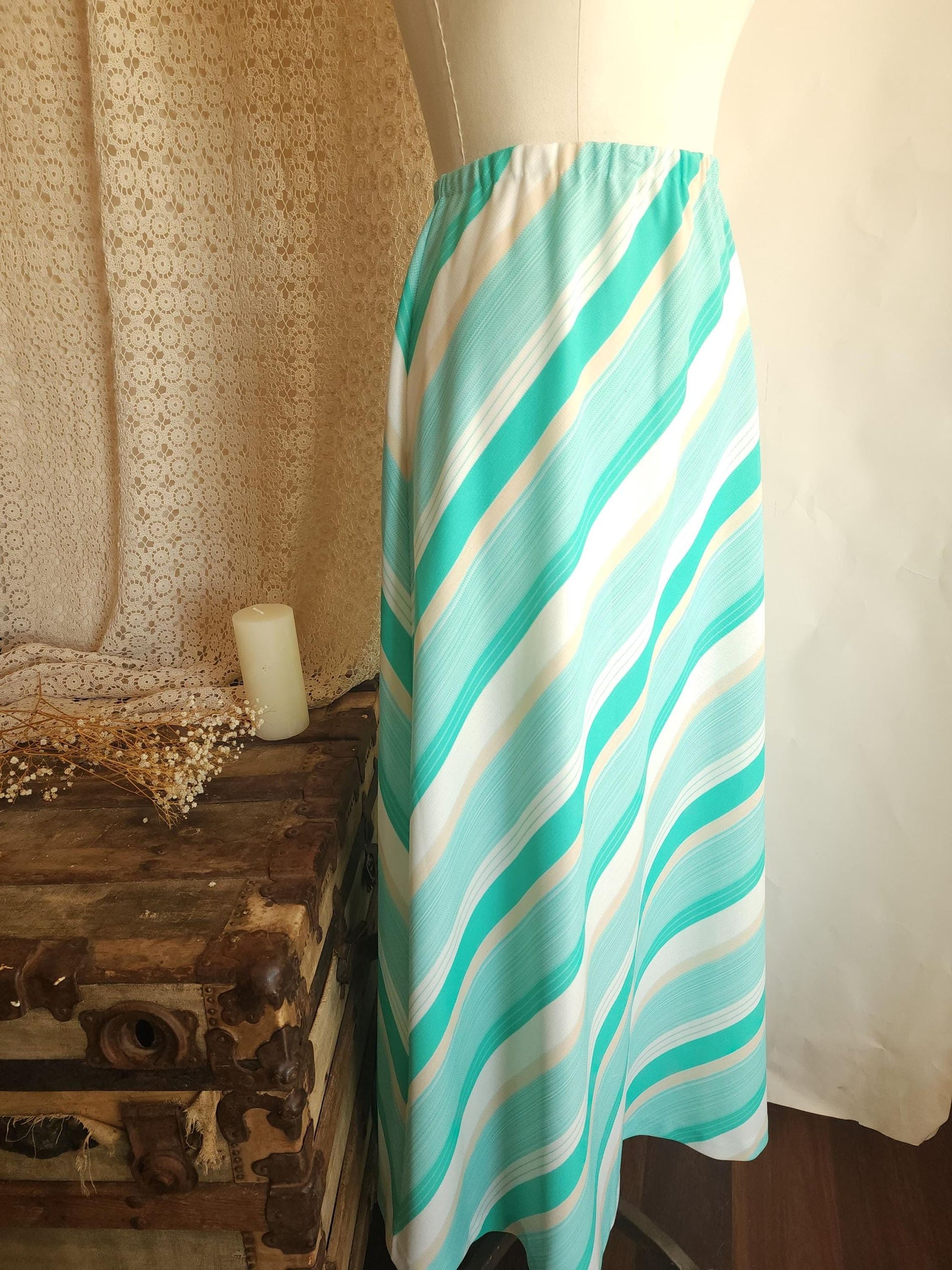 Vintage 1960s 1970s Ted Martin Mint Green and White Striped Maxi Skirt