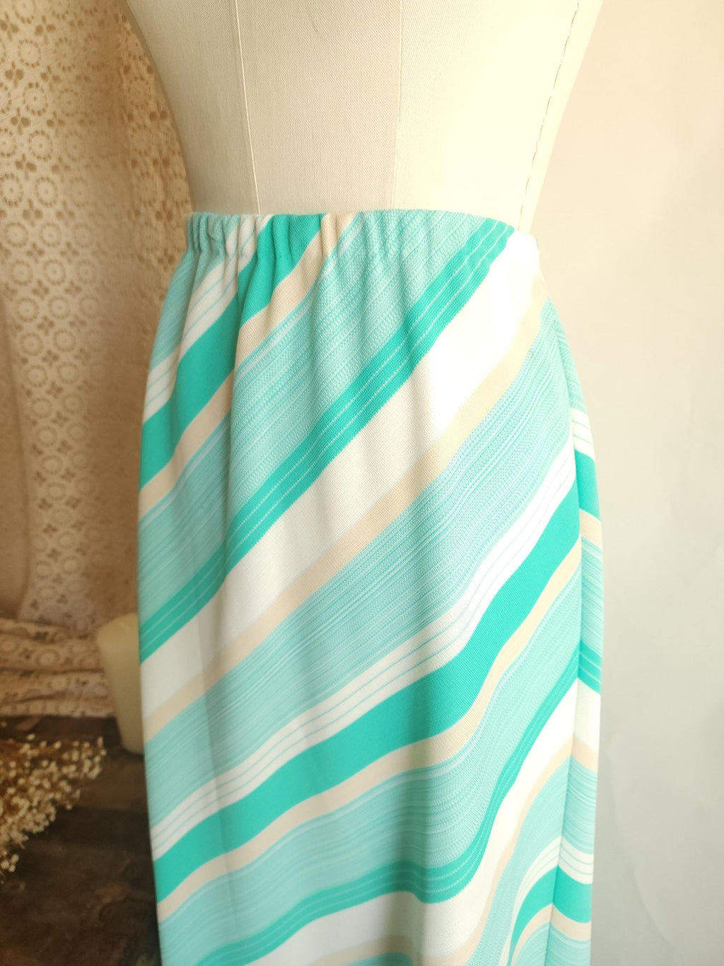 Vintage 1960s 1970s Ted Martin Mint Green and White Striped Maxi Skirt
