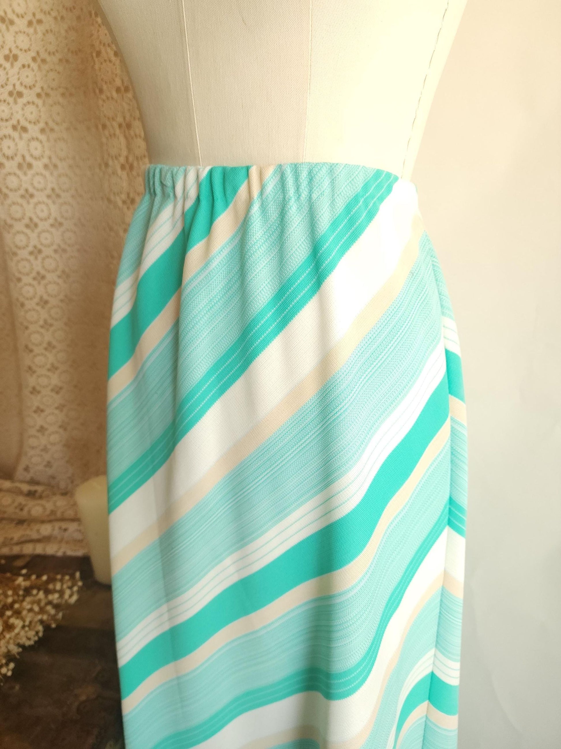 Vintage 1960s 1970s Ted Martin Mint Green and White Striped Maxi Skirt
