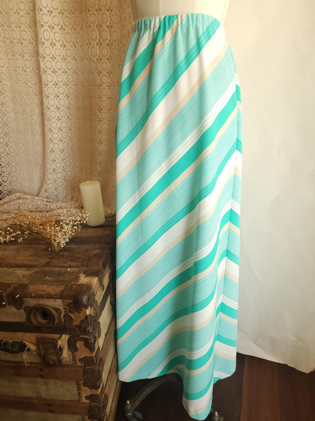 Vintage 1960s 1970s Ted Martin Mint Green and White Striped Maxi Skirt