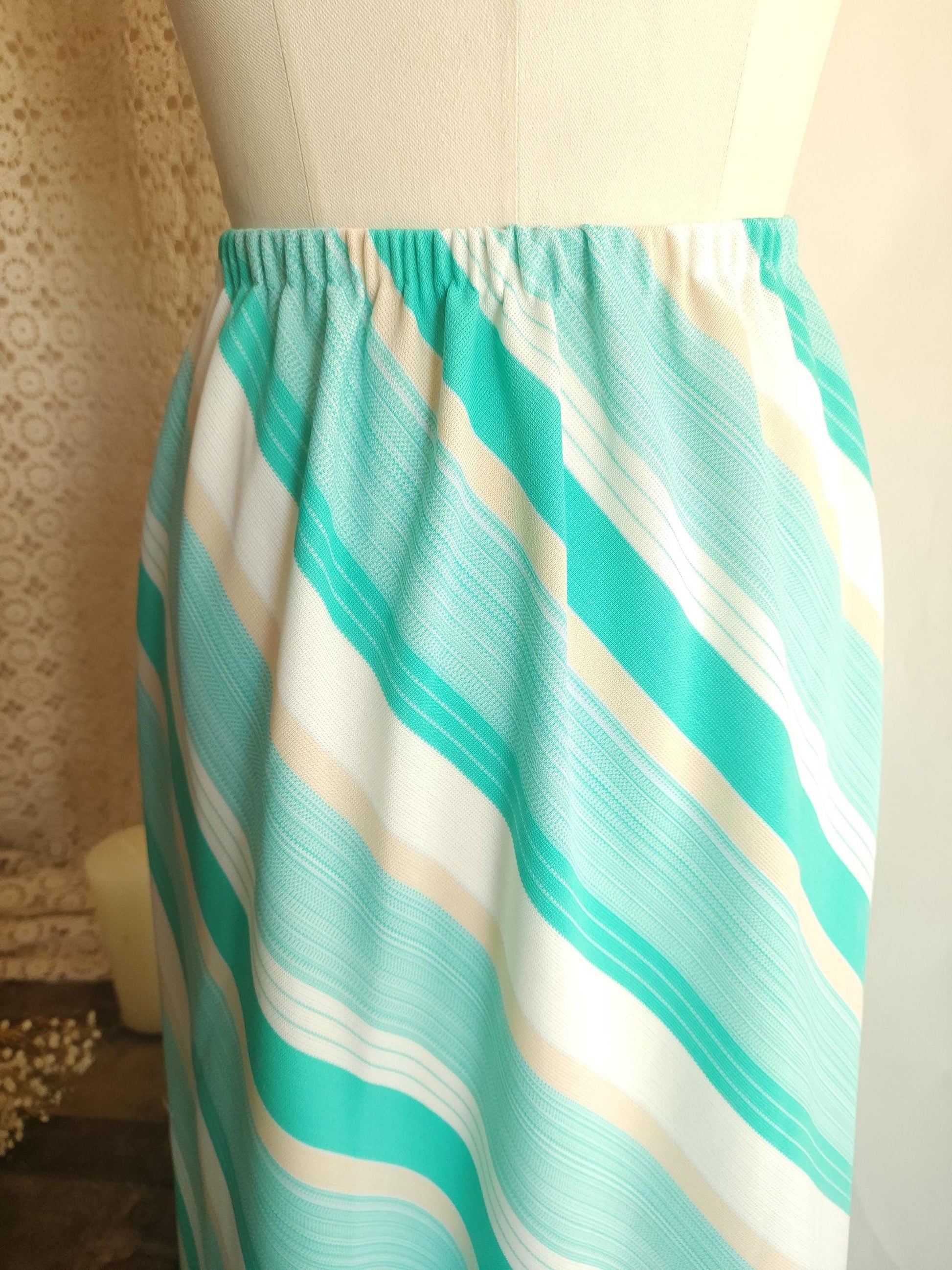 Vintage 1960s 1970s Ted Martin Mint Green and White Striped Maxi Skirt