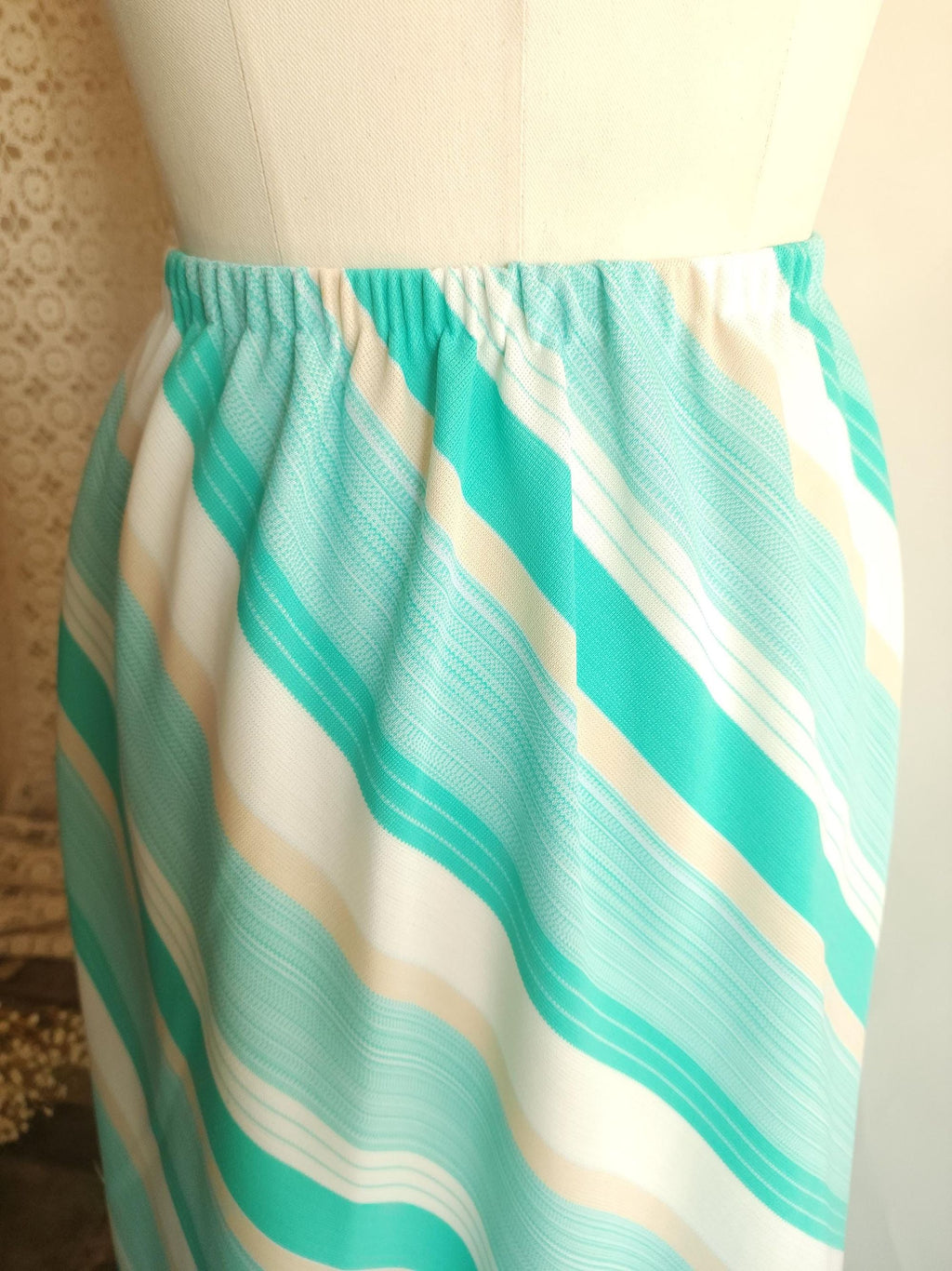Vintage 1960s 1970s Ted Martin Mint Green and White Striped Maxi Skirt
