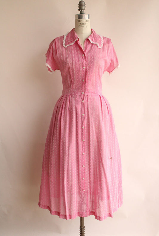 Vintage 1940s 1950s Pink Swiss Dot Cotton Shirtwaist Dress
