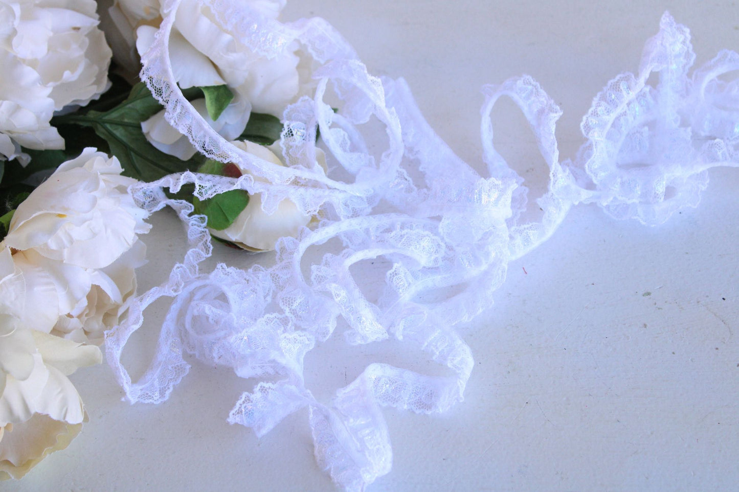 Vintage Ruffled Lace Trim, White with Glittery Hearts,  .75" Wide, 4 yards