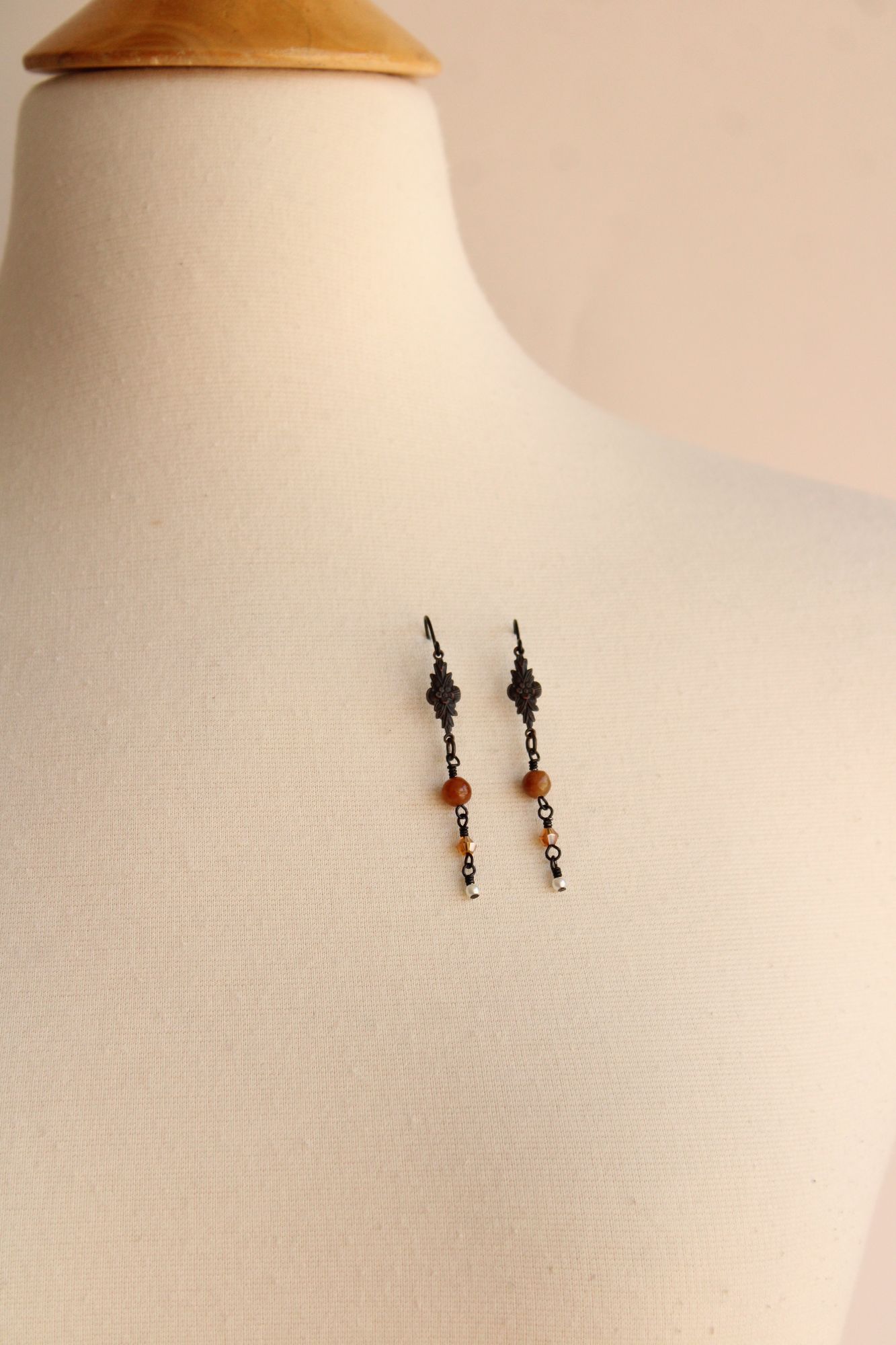 Handmade Women's Earrings, Black Metal with Brown Beads and a Faux Pearl Dangles