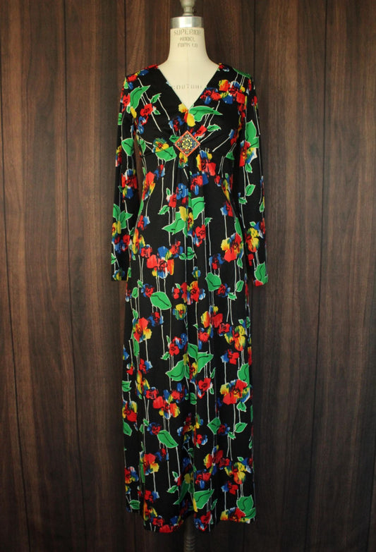 Vintage 1960s Black Floral Print with Brooch Maxidress