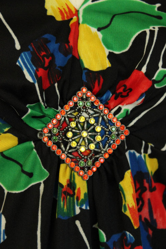 Vintage 1960s Black Floral Print with Brooch Maxidress