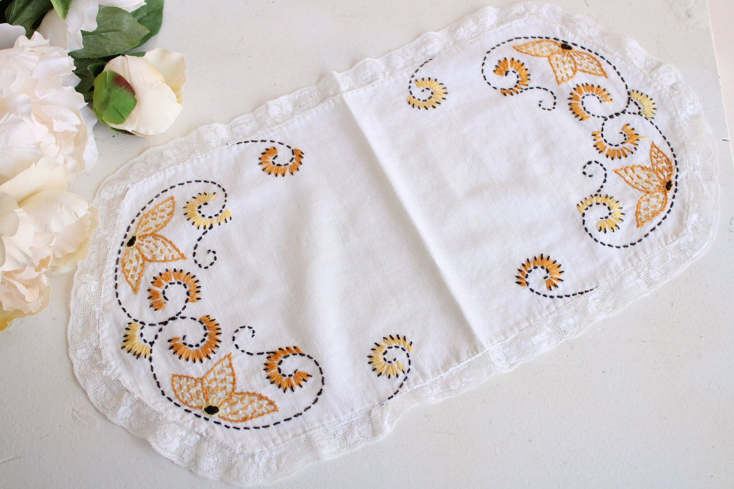 Vintage 1940s Couch Cover Set, or Embroidered Doilies