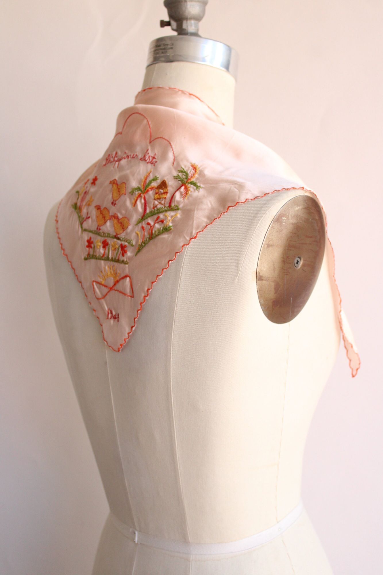 Vintage 1940s Pink Silk Scarf, Philippines Sister Embroidered Novelty Print