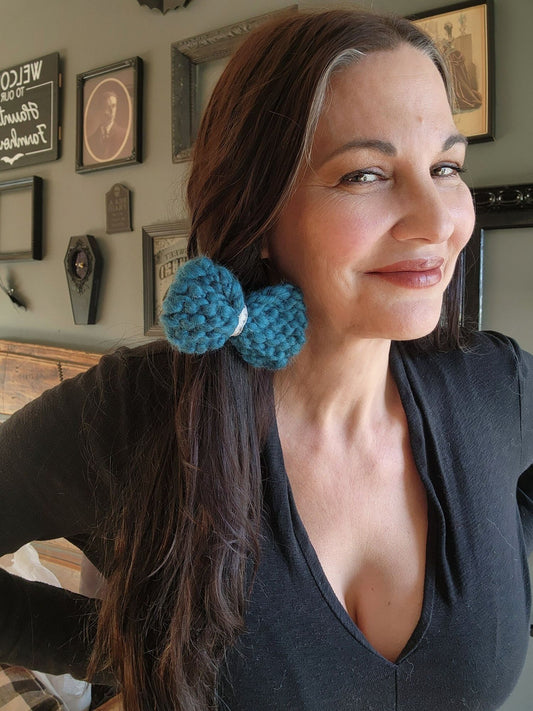 "Dark Skies" Mini Hand Knit Hair Bow on Clip