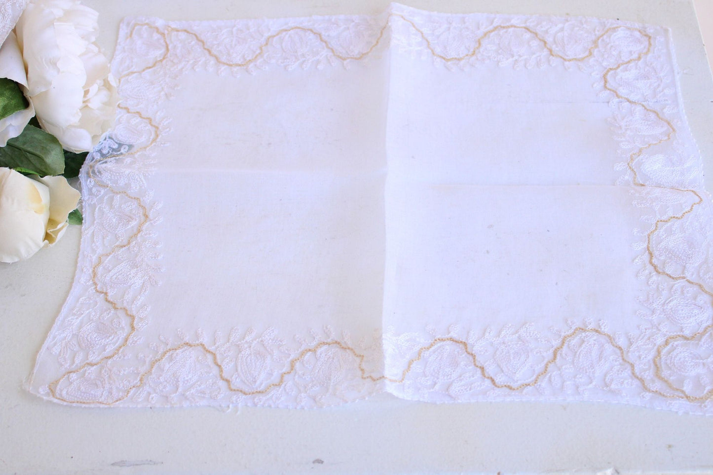 Vintage 1980s 1990s Linen Placemats, Set of Eight (8), White With Gold Embroidery
