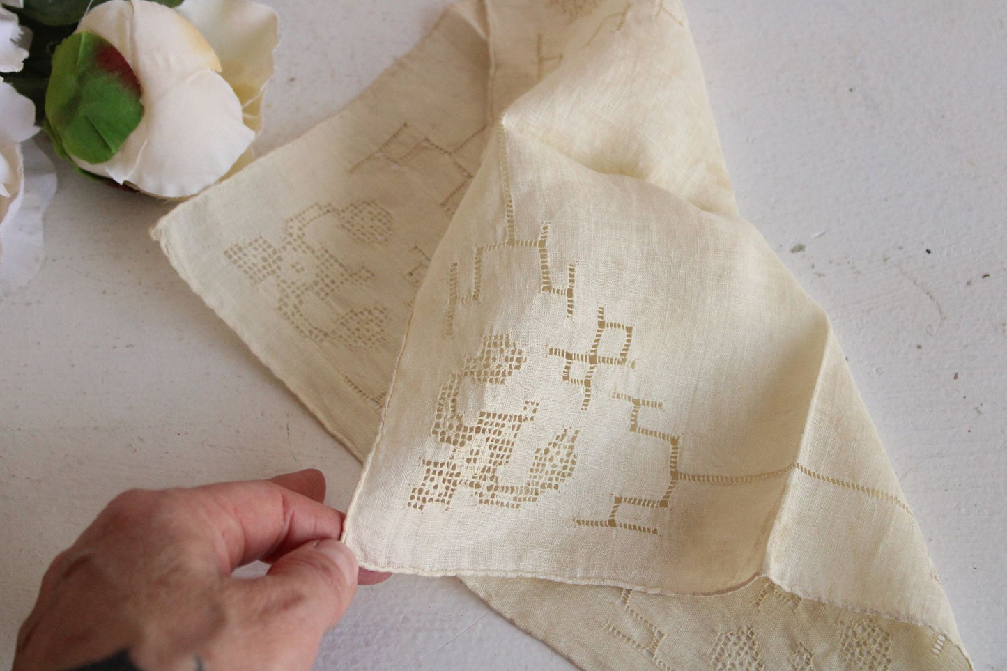 Vintage 1930 Handkerchief, Natural Plant Hand Dyed Ivory
