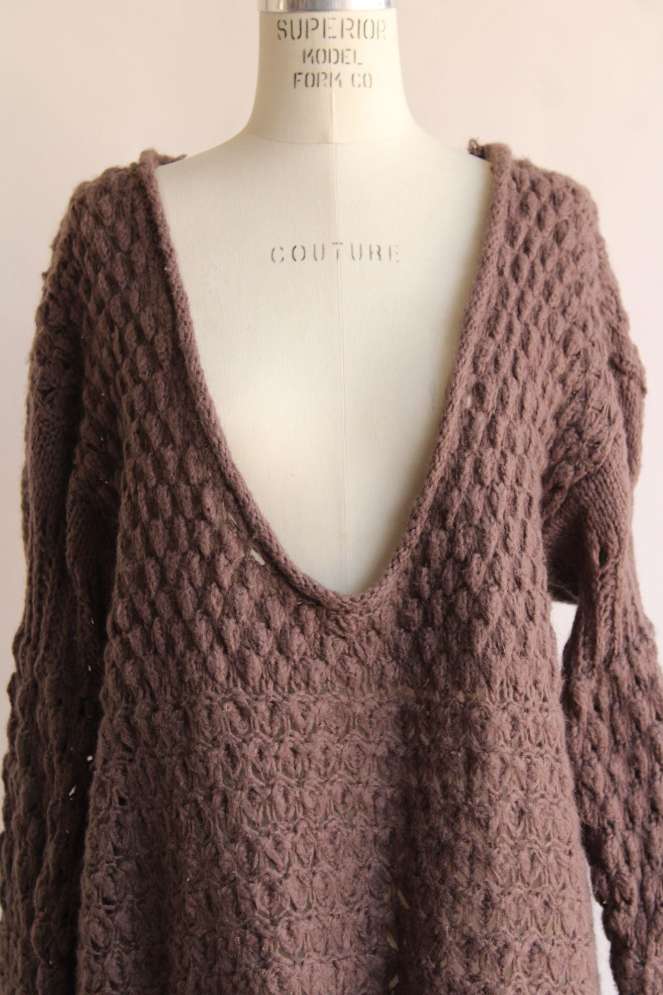Free People womens Sweater, brown Knit, Size large, deep V neck, bell sleeves