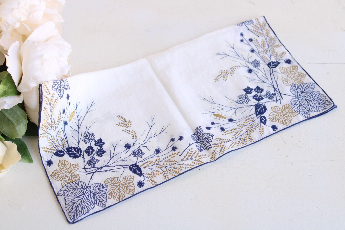 Vintage  Navy Blue and Gold Leaf Pattern Handkerchief