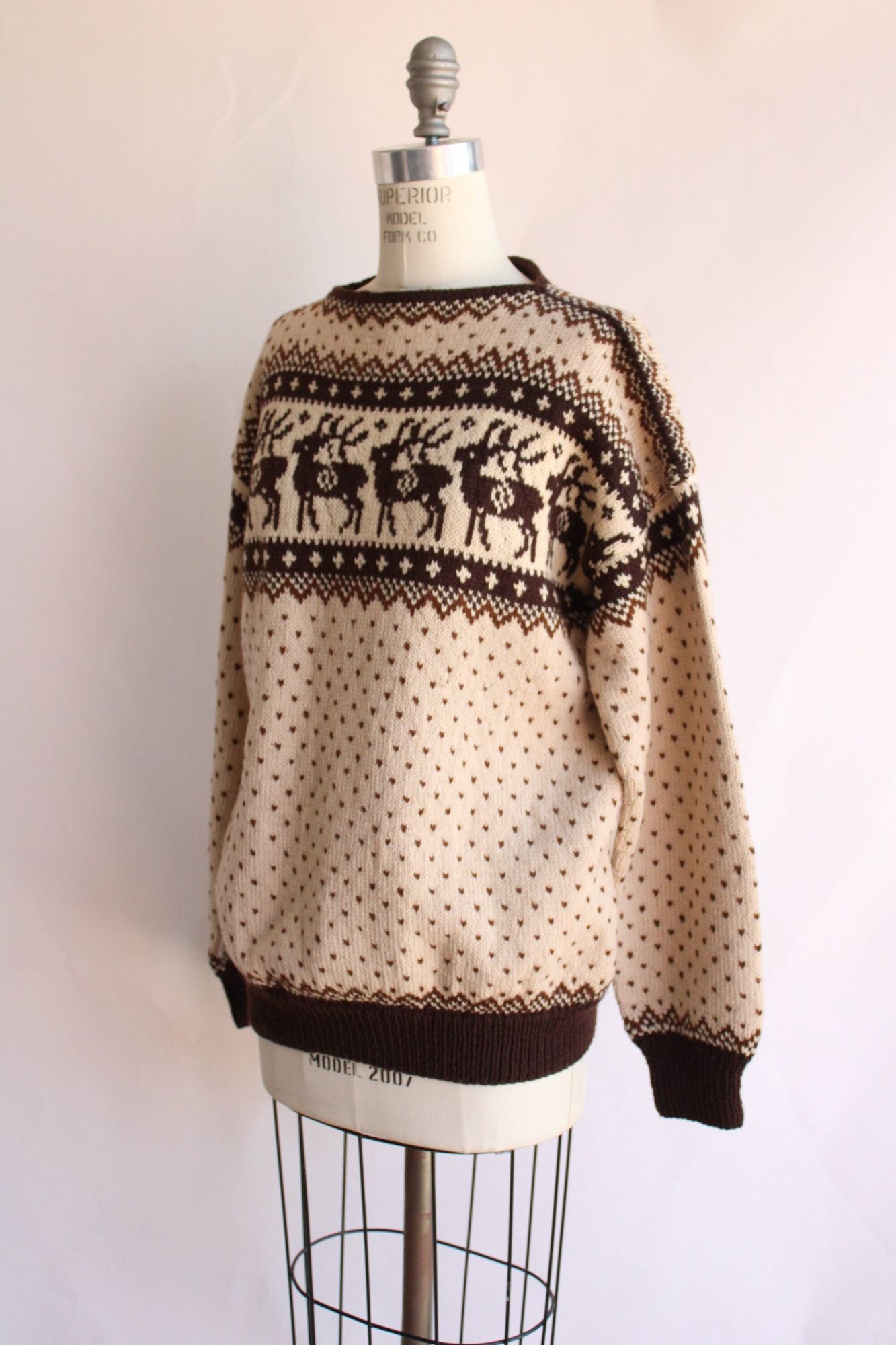 Vintage 1970s Lulle Otterstad Nordic Reindeer Pattern Brown and Cream Wool Sweater