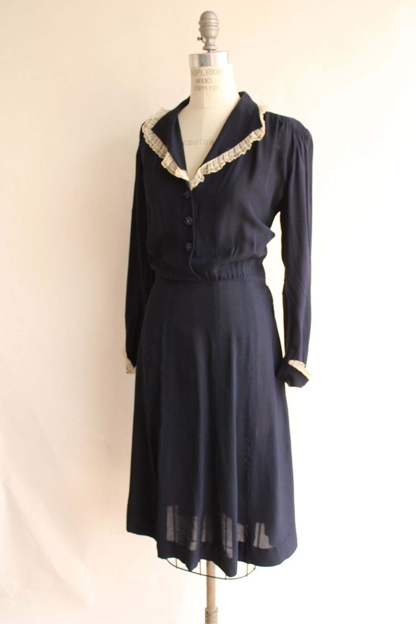 Vintage 1940s Volup Size Navy Blue Rayon Shirtwaist Dress