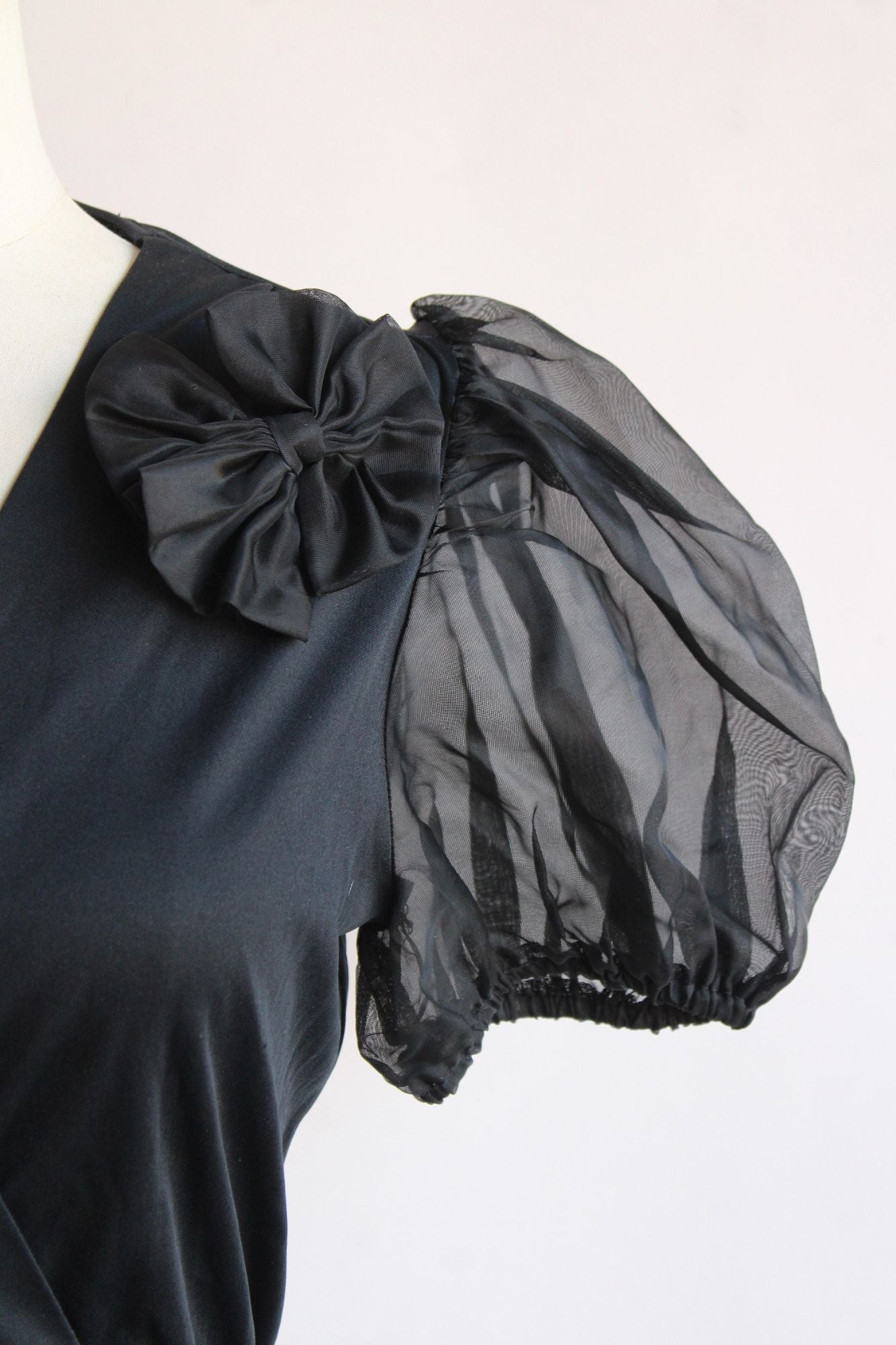 Vintage 1960s Black Nylon Nightgown with Bow and Tie Belt