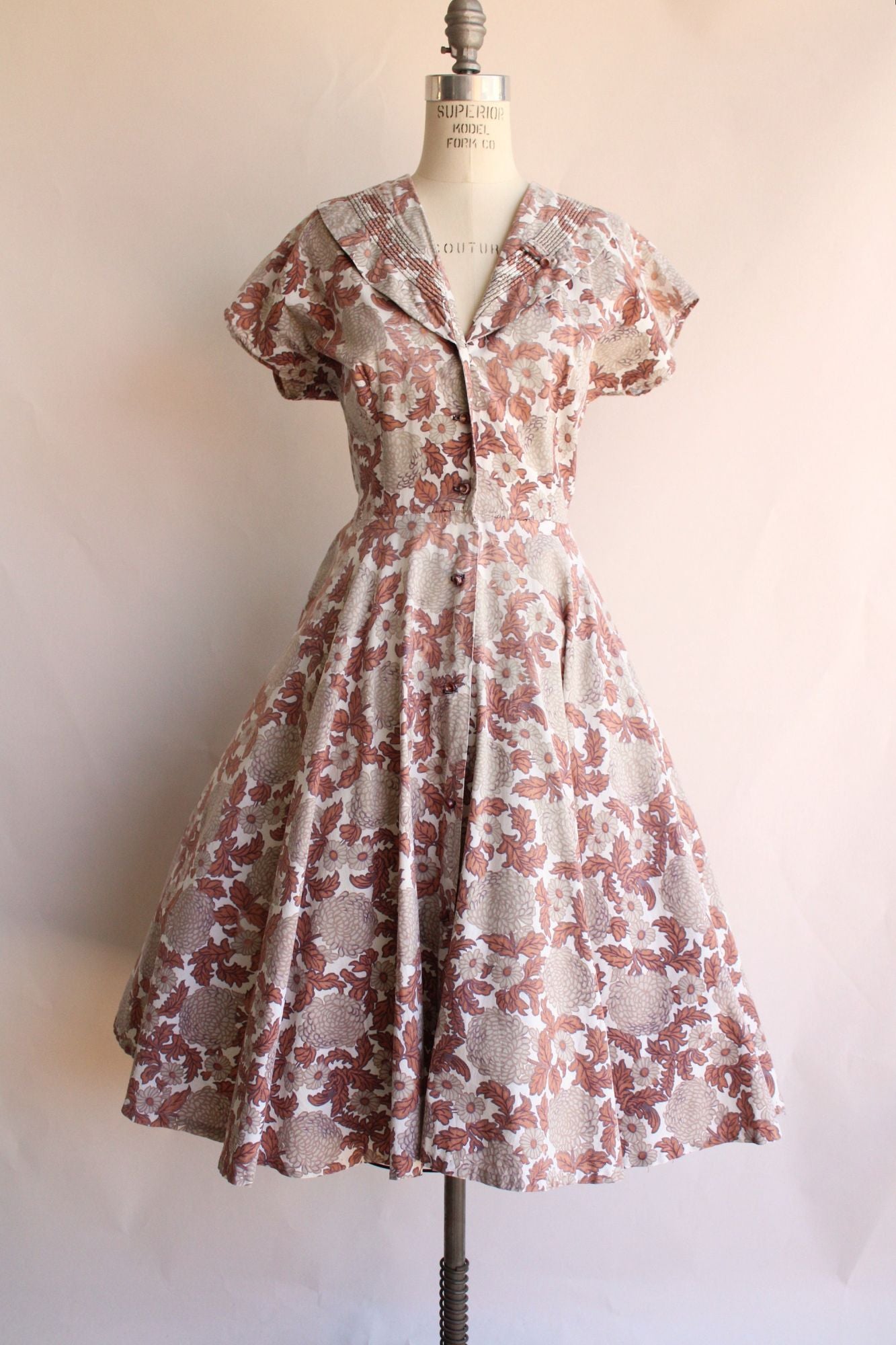 Vintage 1950s JC Penneys Brentwood Autumn Leaf Cotton Shirtwaist Dress