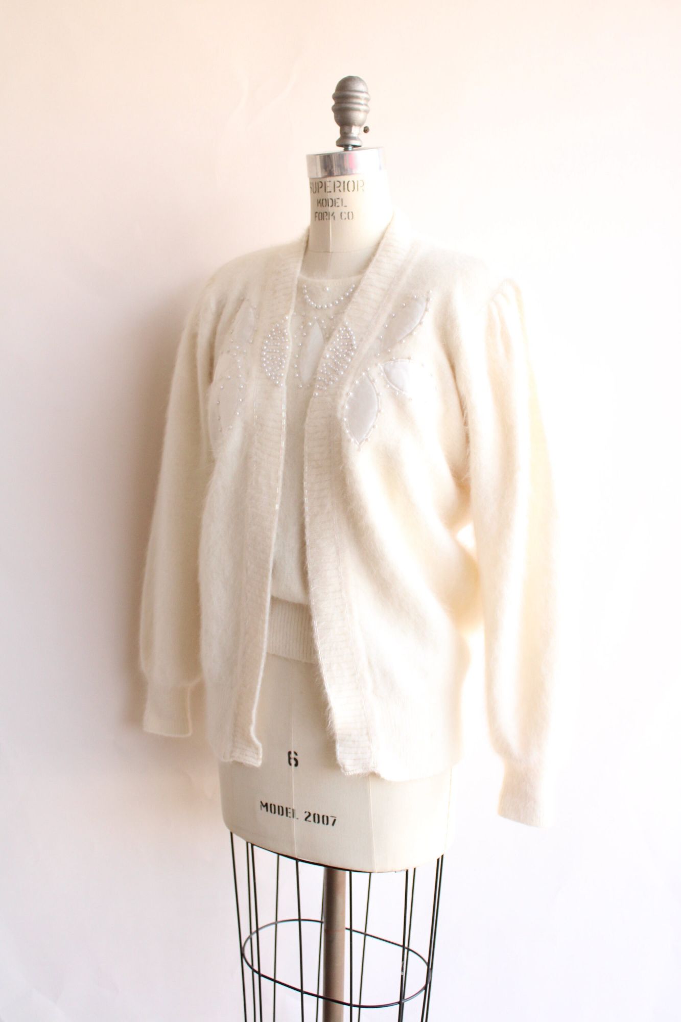 Vintage 1980s Ivory Angora Cardigan and Pullover Sweater Set