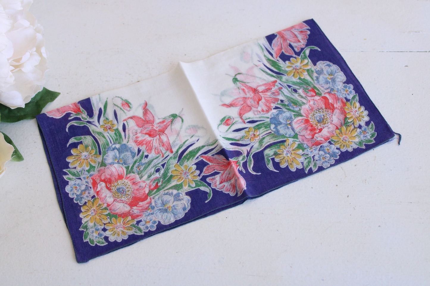 Vintage 1950s Red Blue and Yellow Wildflowers Handkerchief