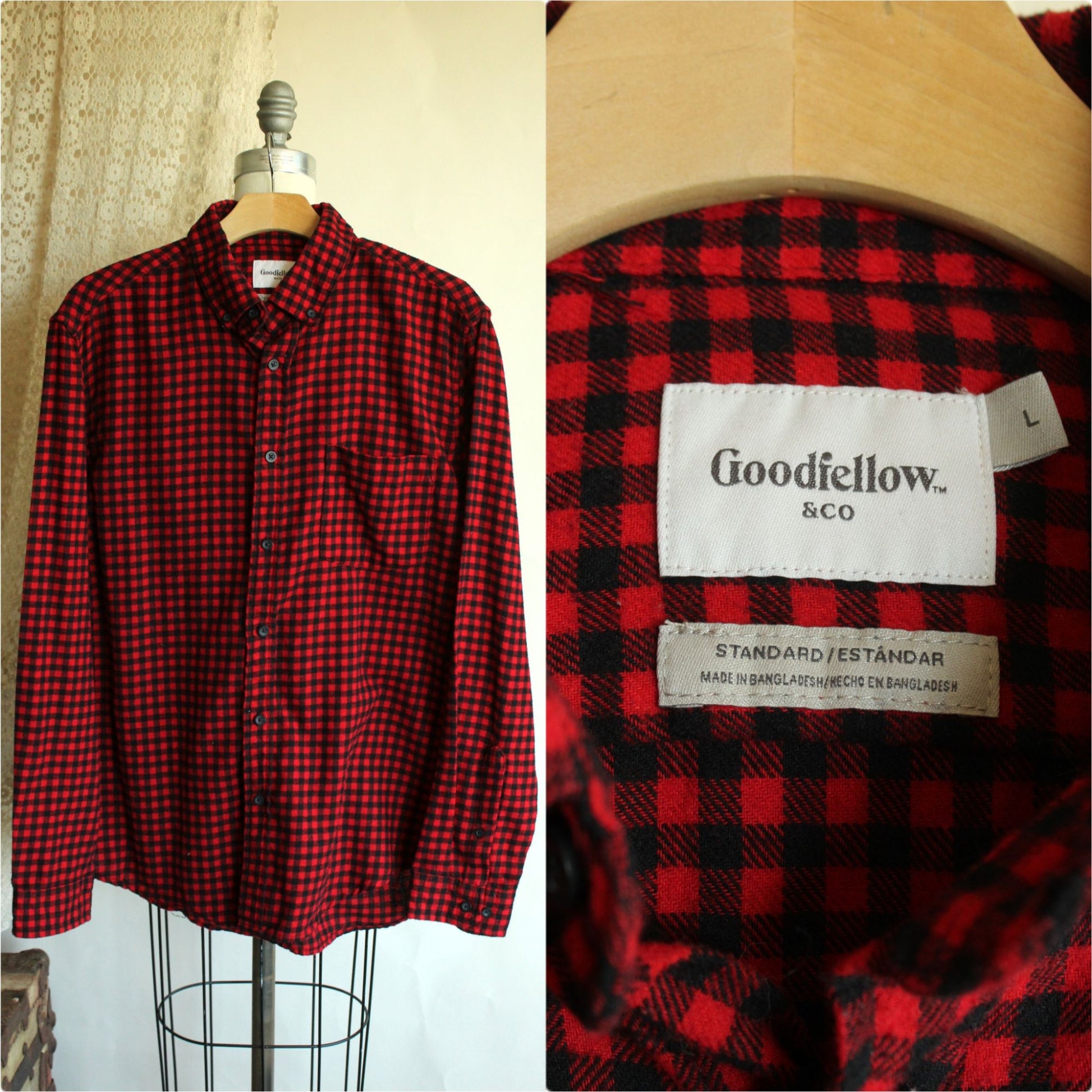 Goodfellow & Co Mens, Size L, Red & Black Plaid Button-Up Flannel Shirt