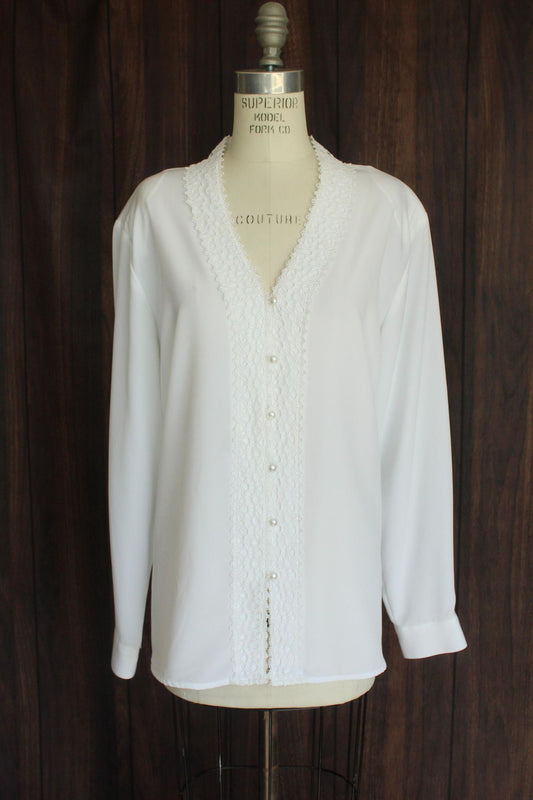 Vintage 1980s 1990s Volup K.C. Studio White Button Down Blouse with Lace Trim