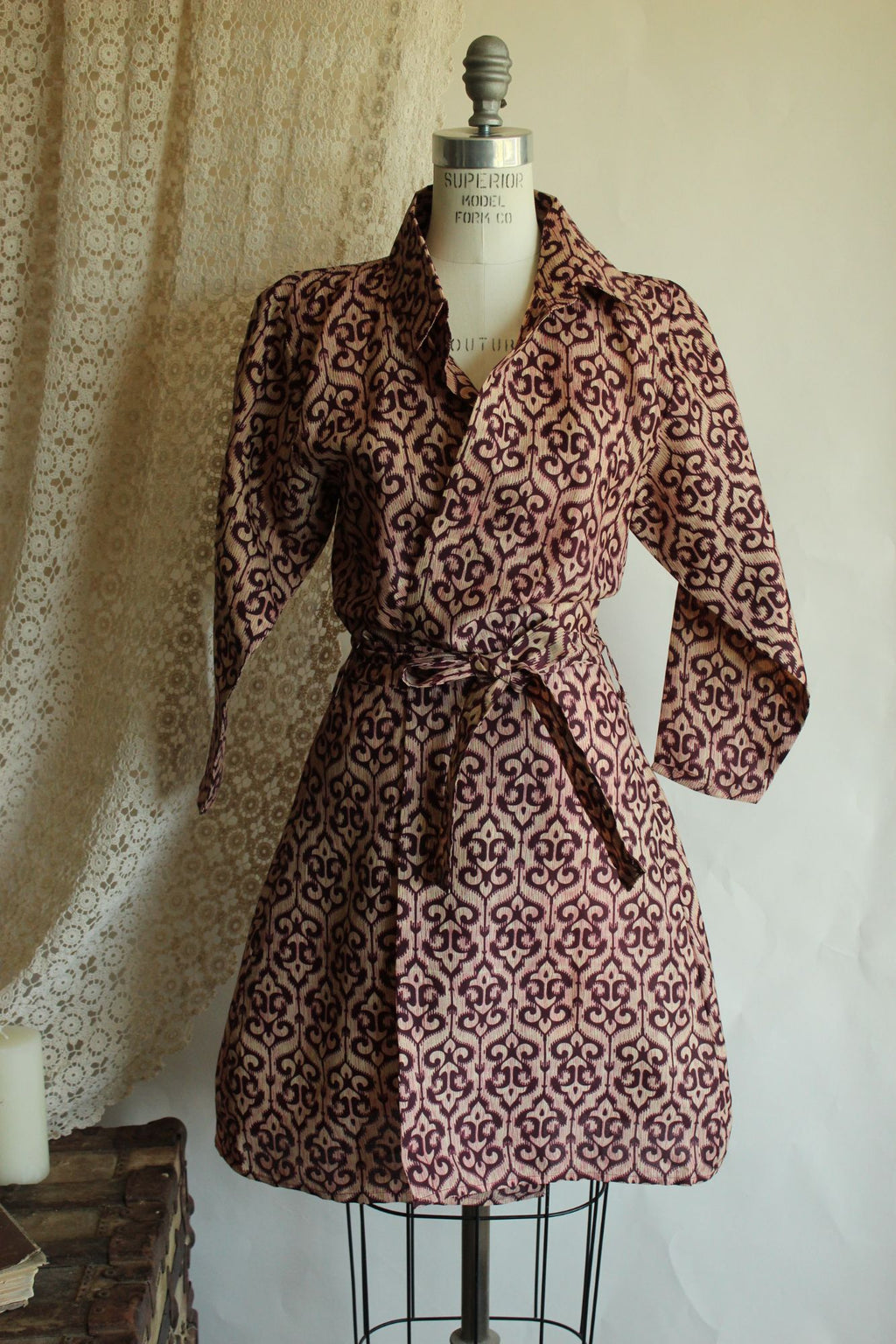 Vintage 1960s 1970s Burgundy and Ivory Batik Print Wrap Dress