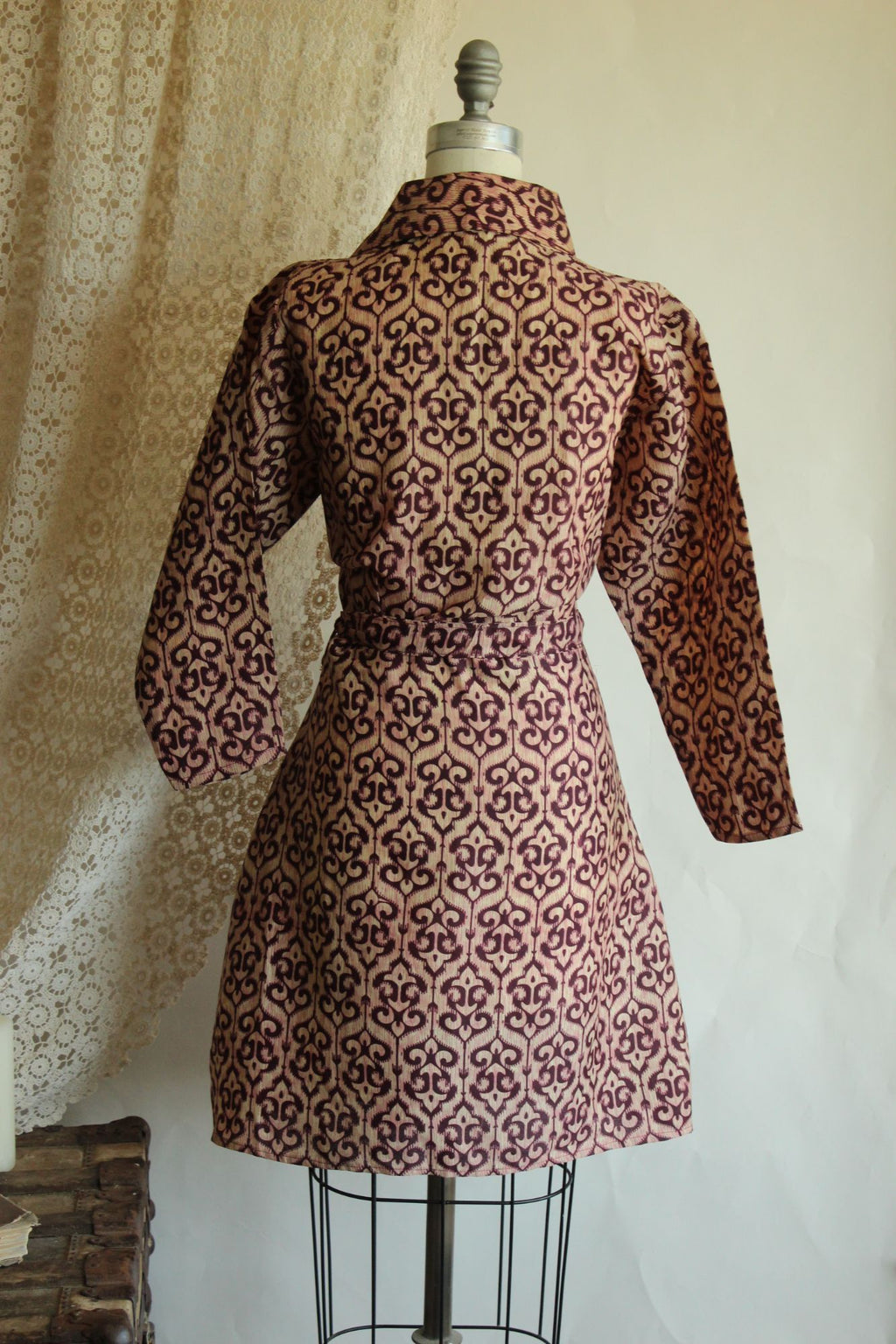 Vintage 1960s 1970s Burgundy and Ivory Batik Print Wrap Dress