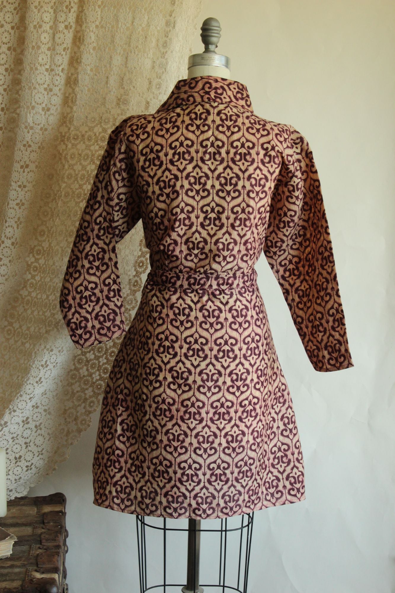 Vintage 1960s 1970s Burgundy and Ivory Batik Print Wrap Dress