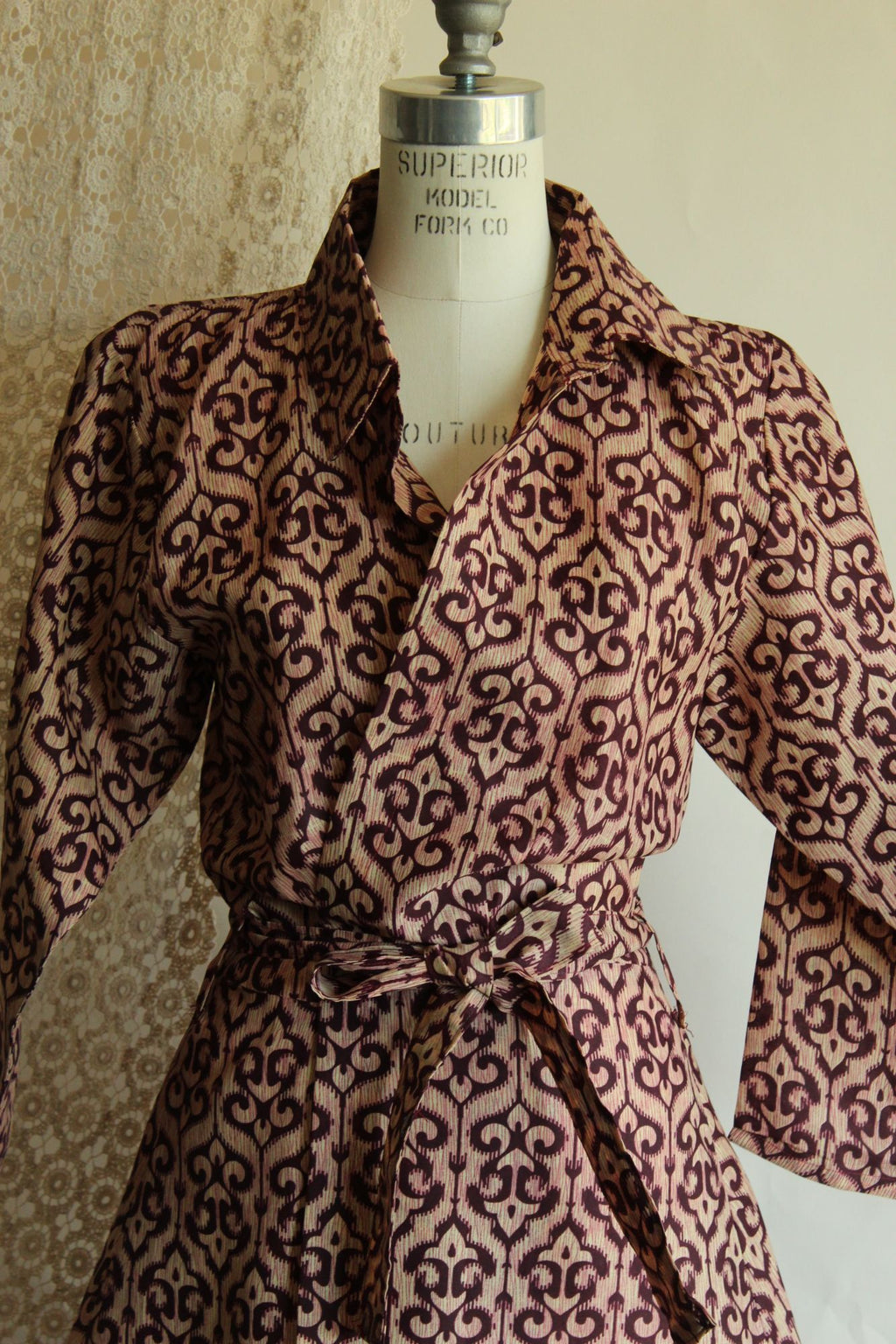 Vintage 1960s 1970s Burgundy and Ivory Batik Print Wrap Dress
