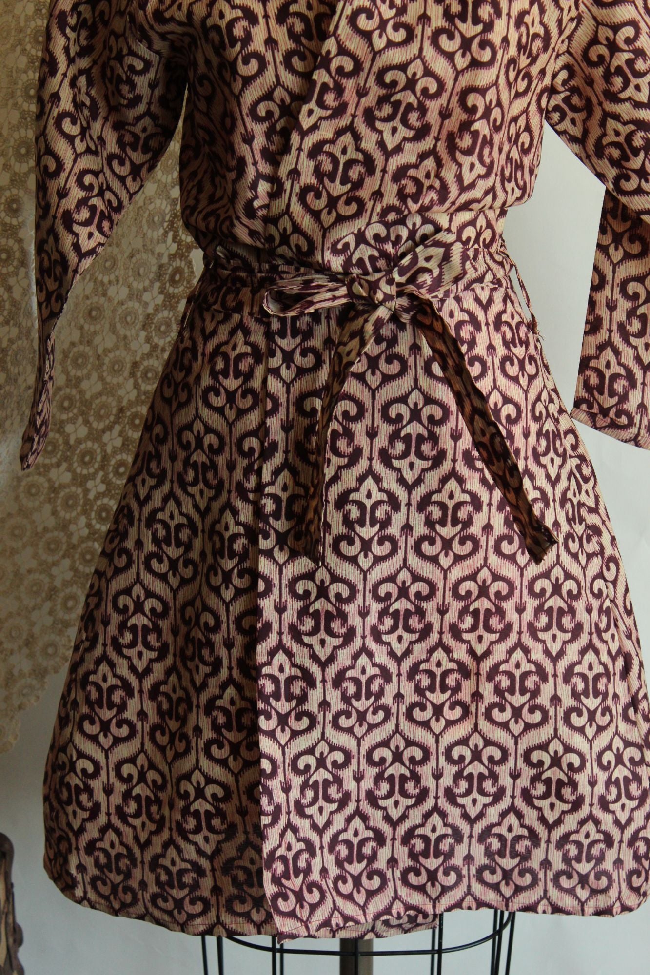 Vintage 1960s 1970s Burgundy and Ivory Batik Print Wrap Dress