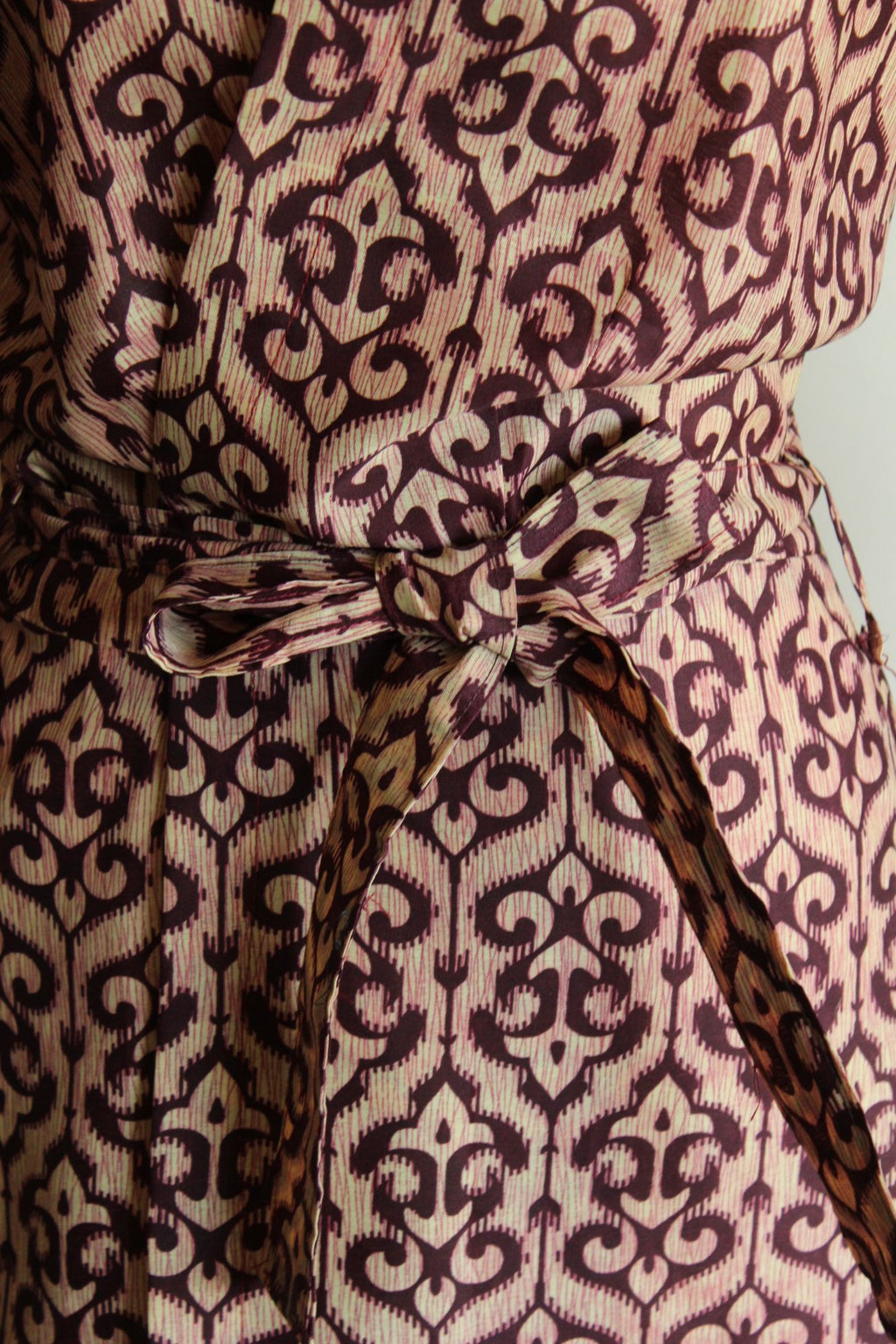 Vintage 1960s 1970s Burgundy and Ivory Batik Print Wrap Dress