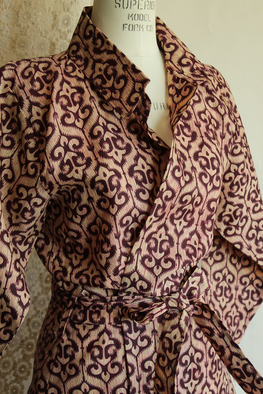 Vintage 1960s 1970s Burgundy and Ivory Batik Print Wrap Dress