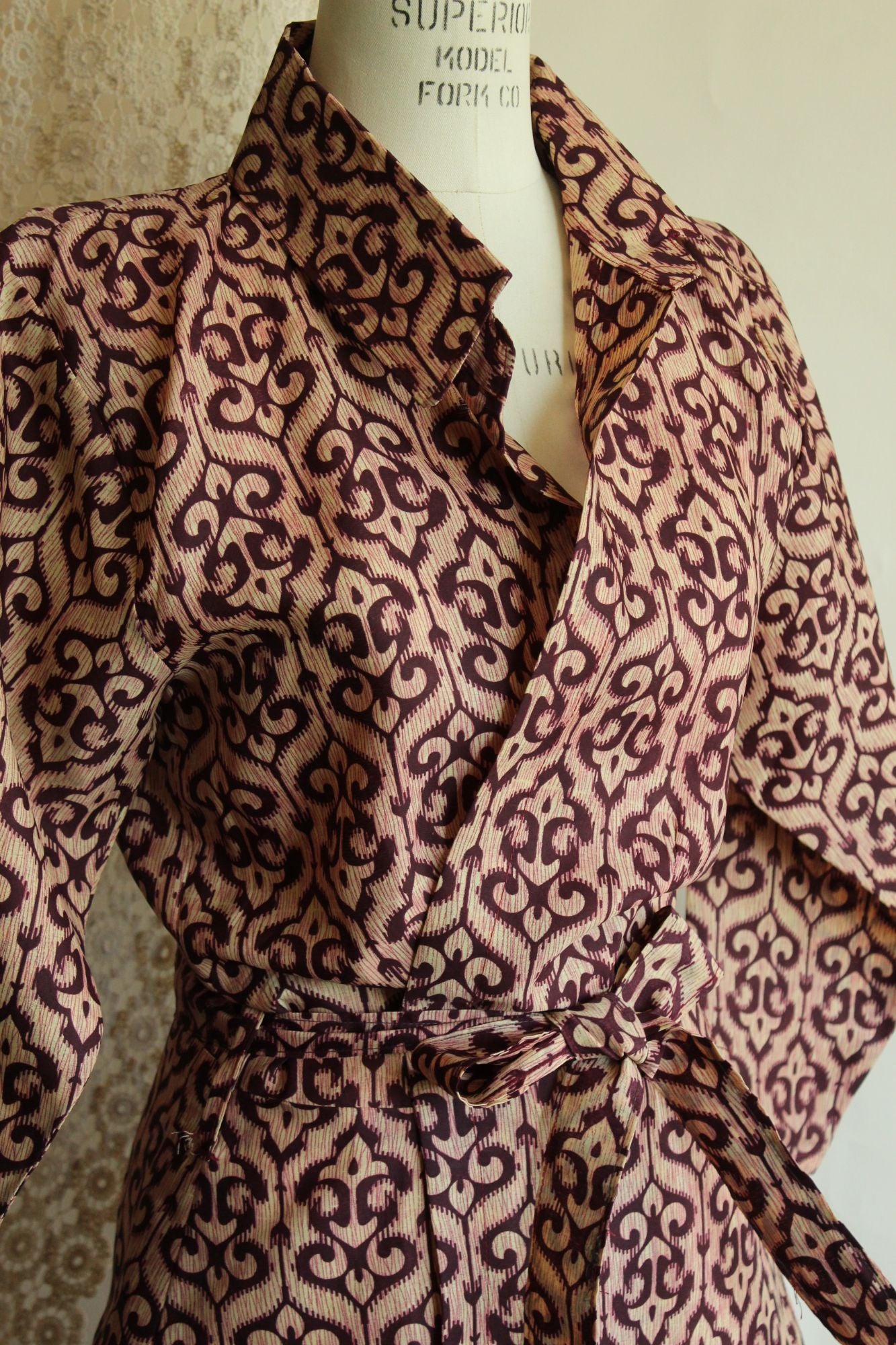 Vintage 1960s 1970s Burgundy and Ivory Batik Print Wrap Dress