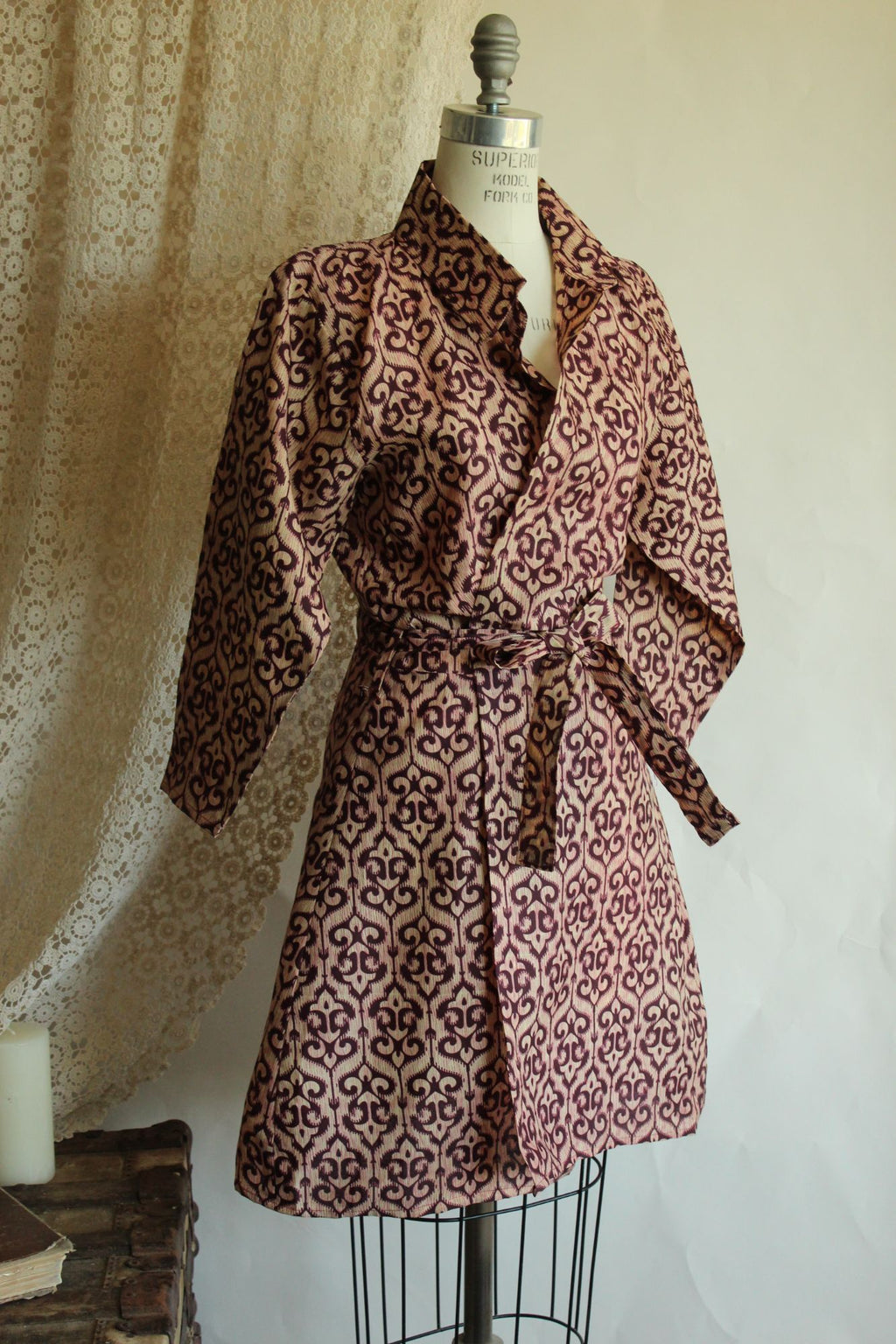 Vintage 1960s 1970s Burgundy and Ivory Batik Print Wrap Dress